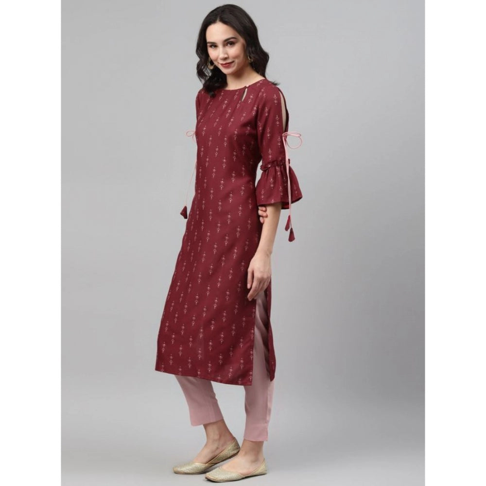 Generic Women's Casual 3-4Th Sleeve Ethnic Motifs Rayon Kurti And Pant Set (Maroon)