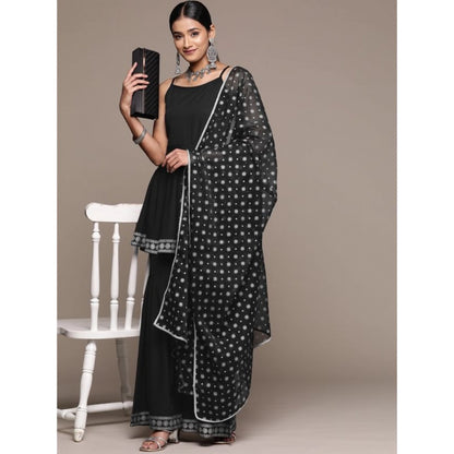 Generic Women's Casual Sleeveless Ethnic Motifs Crepe Kurti Sharara And Dupatta Set (Black)