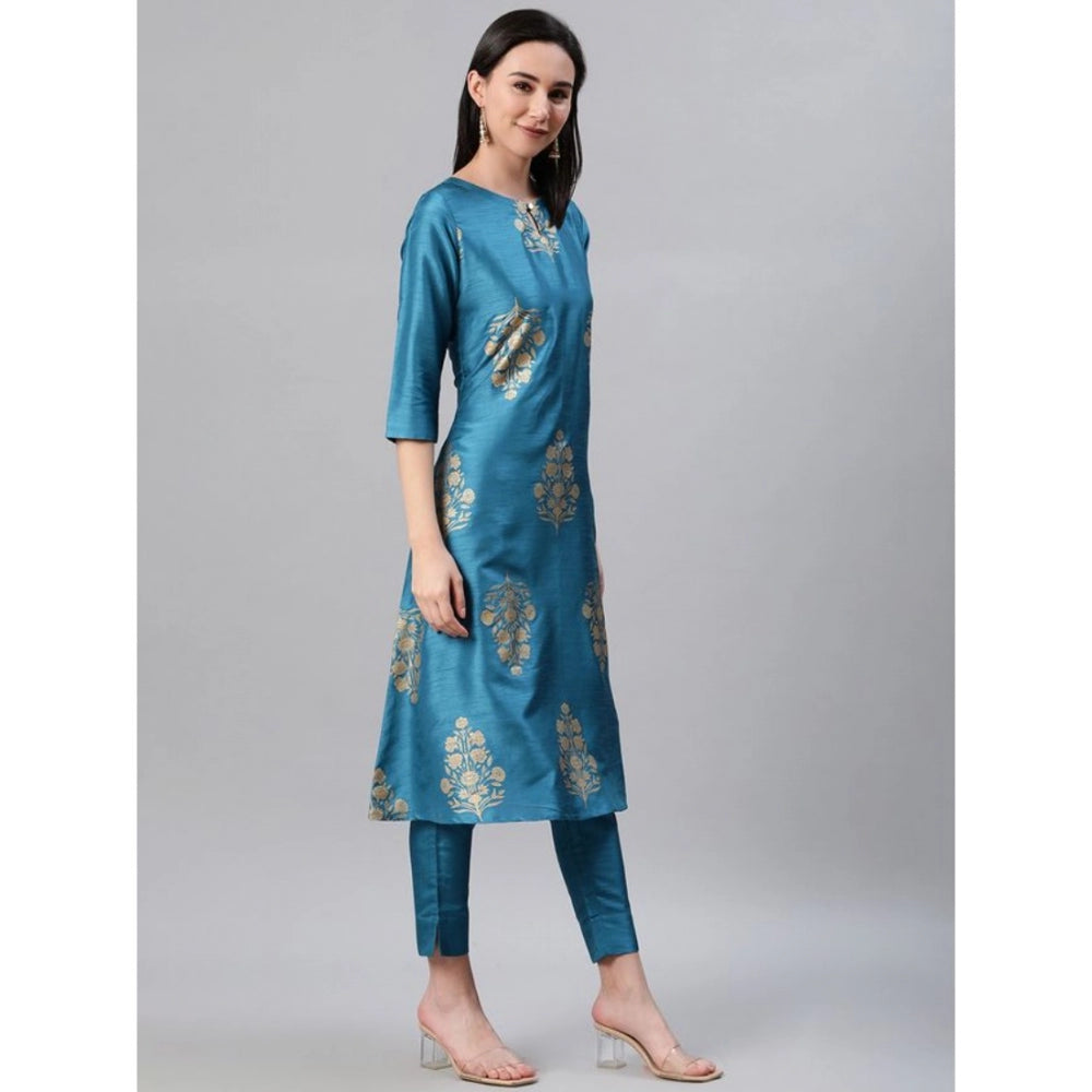 Generic Women's Casual 3-4Th Sleeve Ethnic Motifs Poly Silk Kurti Pant And Dupatta Set (Blue)