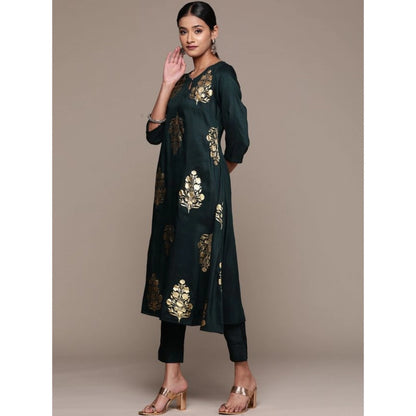 Generic Women's Casual 3-4Th Sleeve Ethnic Motifs Chinon Kurti Pant And Dupatta Set (Bottle Green)