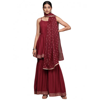 Generic Women's Casual Sleeveless Ethnic Motifs Crepe Kurti Sharara And Dupatta Set (Maroon)