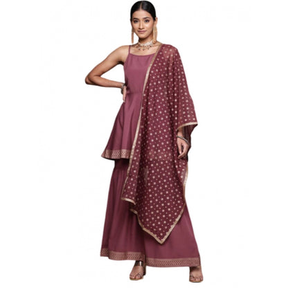 Generic Women's Casual Sleeveless Ethnic Motifs Crepe Kurti Sharara And Dupatta Set (Brown)