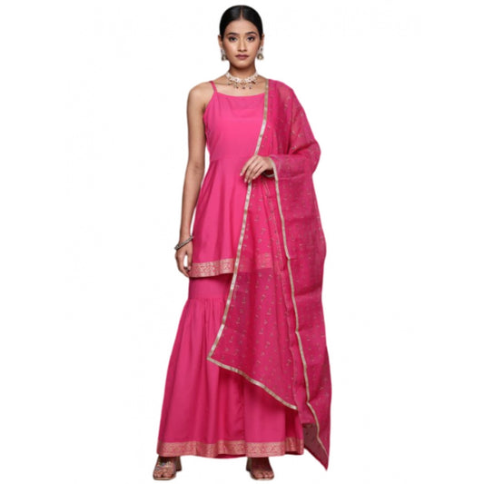 Generic Women's Casual Sleeveless Ethnic Motifs Crepe Kurti Sharara And Dupatta Set (Pink)