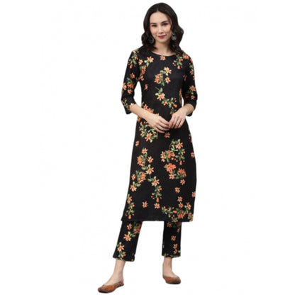 Generic Women's Casual 3-4Th Sleeve Floral Printed Rayon Kurti And Pant Set (Black)