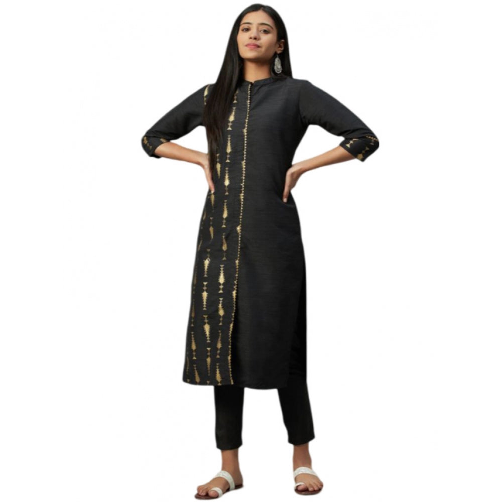 Generic Women's Casual 3-4Th Sleeve Ethnic Motifs Poly Silk Kurti and Pant Set (Black)