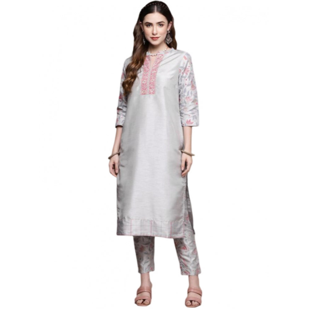 Generic Women's Casual 3-4Th Sleeve Solid Poly Silk Kurti and Pant Set (Light Grey)