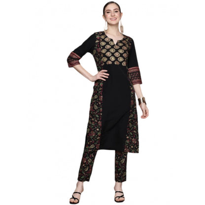 Generic Women's Casual 3-4Th Sleeve Ethnic Motifs Crepe Kurti And Pant Set (Black)