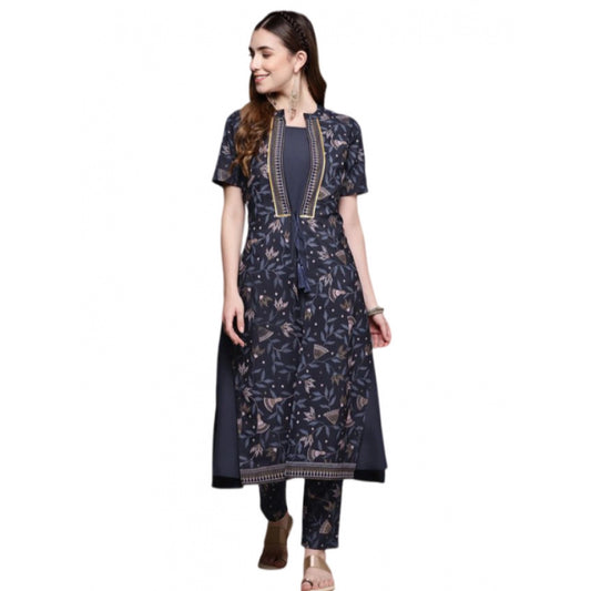 Generic Women's Casual Half Sleeve Ethnic Motifs Crepe Kurti and Pant Set (Navy Blue)