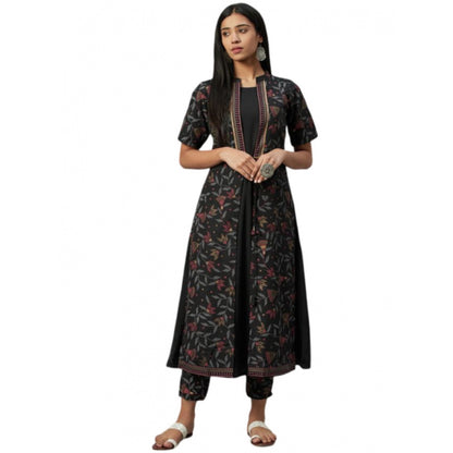 Generic Women's Casual 3-4Th Sleeve Floral Printed Crepe Kurti and Pant Set (Black)