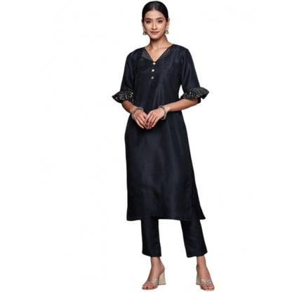 Generic Women's Casual Half Sleeve Solid Chinon Kurti and Pant Set (Navy Blue)