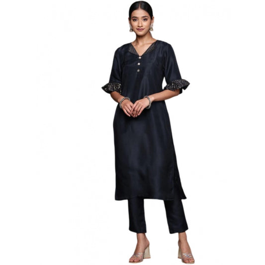 Generic Women's Casual Half Sleeve Solid Chinon Kurti and Pant Set (Navy Blue)