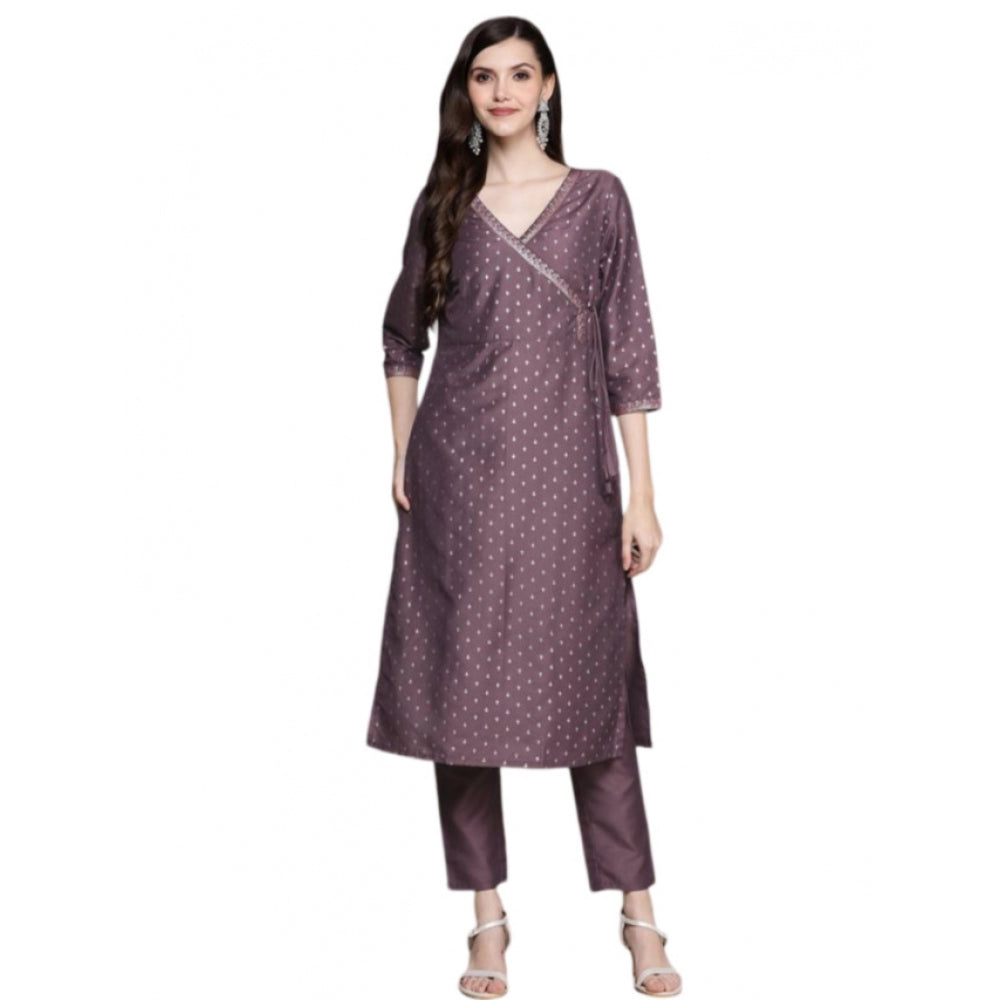 Generic Women's Casual 3-4Th Sleeve Small Butti Chinon Kurti And Pant Set (Purple)