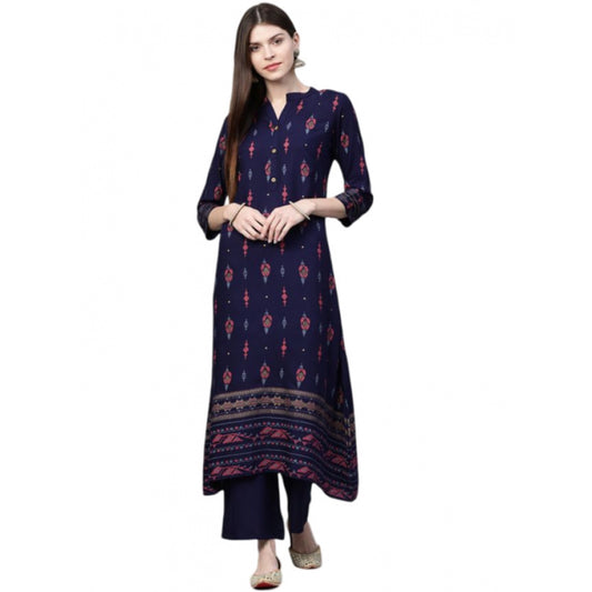 Generic Women's Casual 3-4Th Sleeve Ikkat Rayon Kurti and Palazzo Set (Navy Blue)