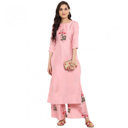 Generic Women's Casual 3-4Th Sleeve Floral Printed Poly Silk Kurti and Palazzo Set (Pink)