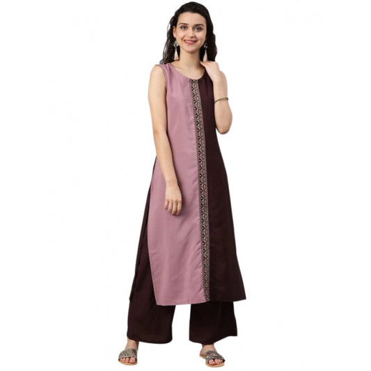 Generic Women's Casual sleeveless Solid Crepe Kurti And Palazzo Set (Brown)