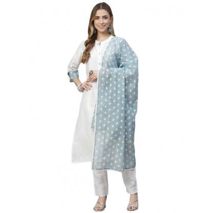 Generic Women's Casual 3-4Th Sleeve Solid Chinon Kurti Pant And Dupatta Set (White)