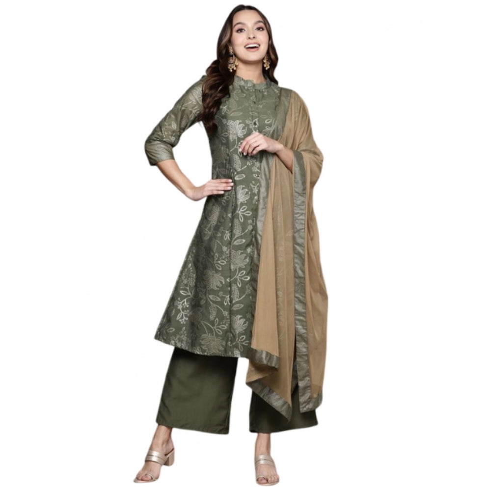 Generic Women's Casual 3-4Th Sleeve Floral Printed Chanderi Cotton Kurti Palazzo And Dupatta Set (Green)