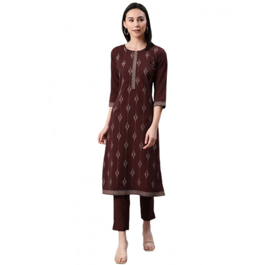 Generic Women's Casual 3-4Th Sleeve Ethnic Motifs Rayon Kurti And Pant Set (Brown)