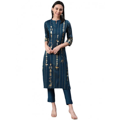 Generic Women's Casual 3-4Th Sleeve Floral Printed Rayon Kurti And Pant Set (Teal)