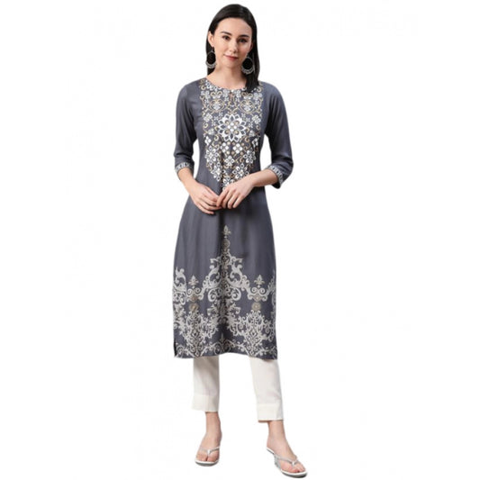 Generic Women's Casual 3-4Th Sleeve Floral Printed Rayon Kurti And Pant Set (Grey)