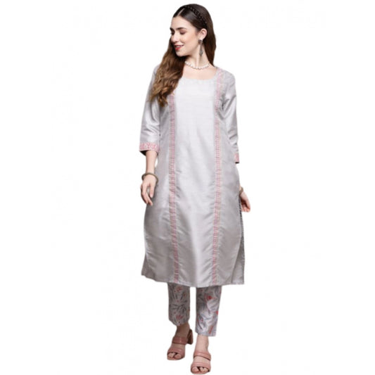 Generic Women's Casual 3-4Th Sleeve Geometric Poly Silk Kurti and Pant Set (Light Grey)