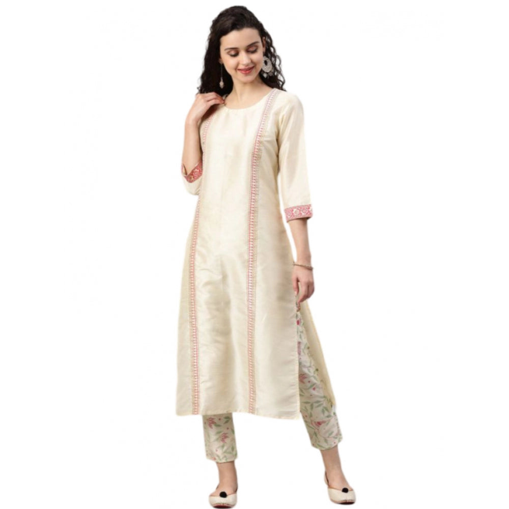 Generic Women's Casual 3-4Th Sleeve Geometric Poly Silk Kurti and Pant Set (Cream)