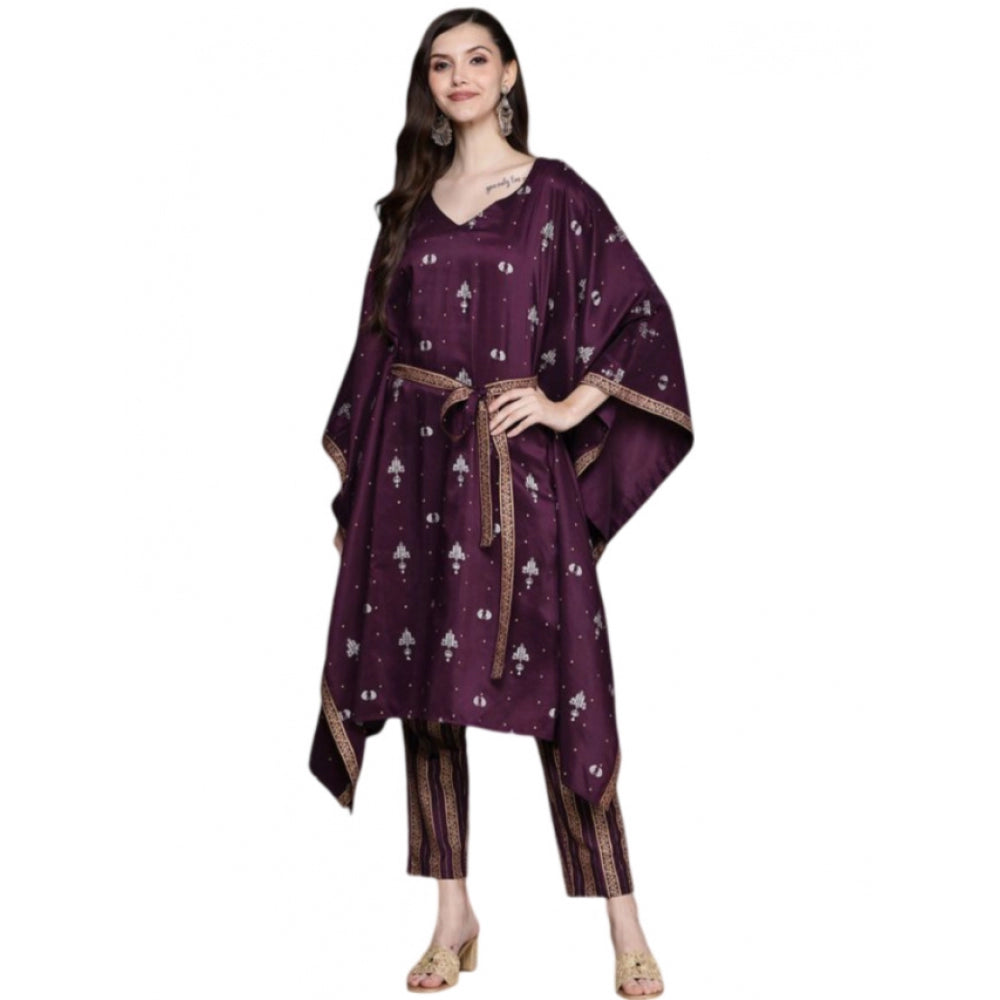 Generic Women's Casual 3-4Th Sleeve Traditional Crepe Kurti And Pant Set (Wine)