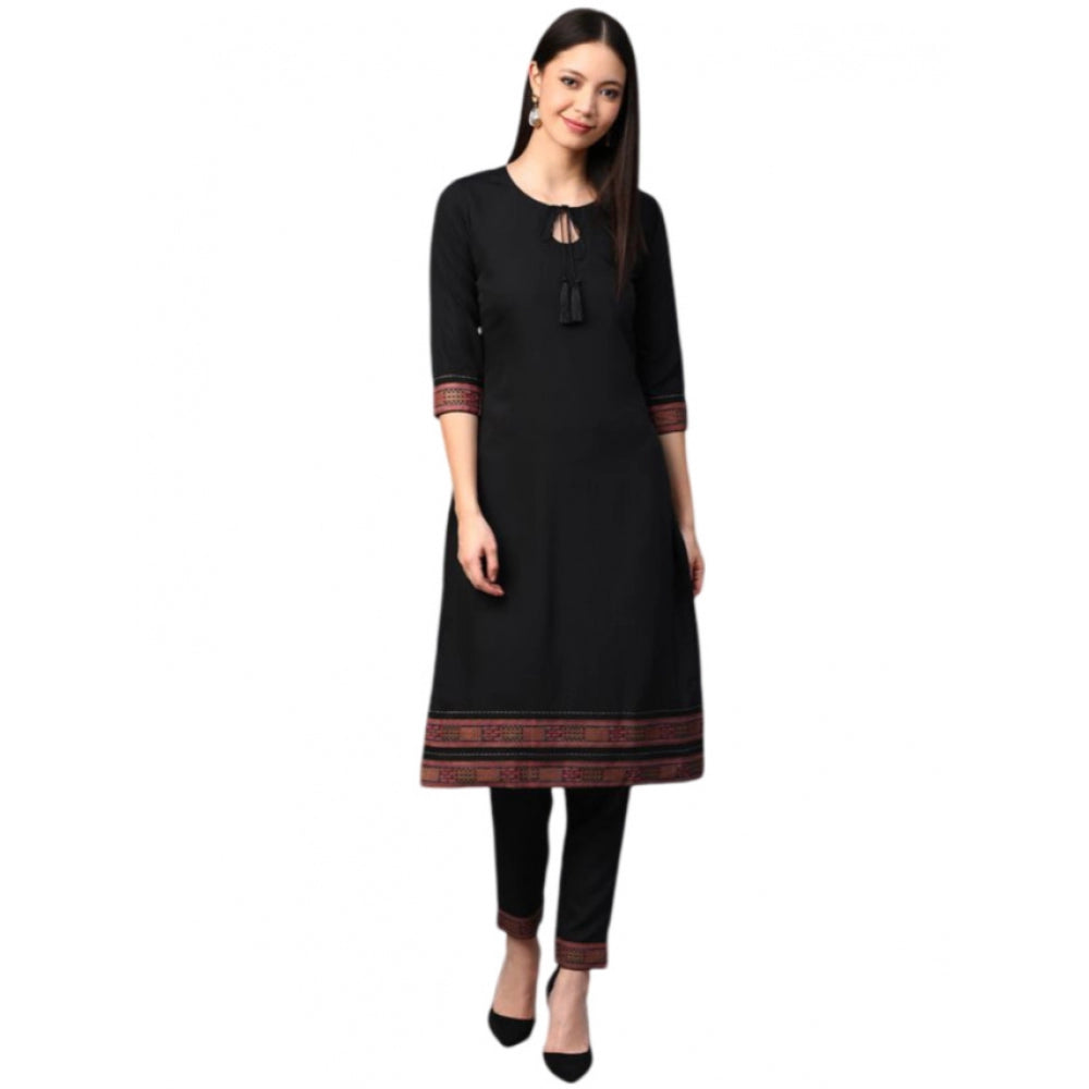 Generic Women's Casual 3-4Th Sleeve Solid Crepe Kurti and Pant Set (Black)