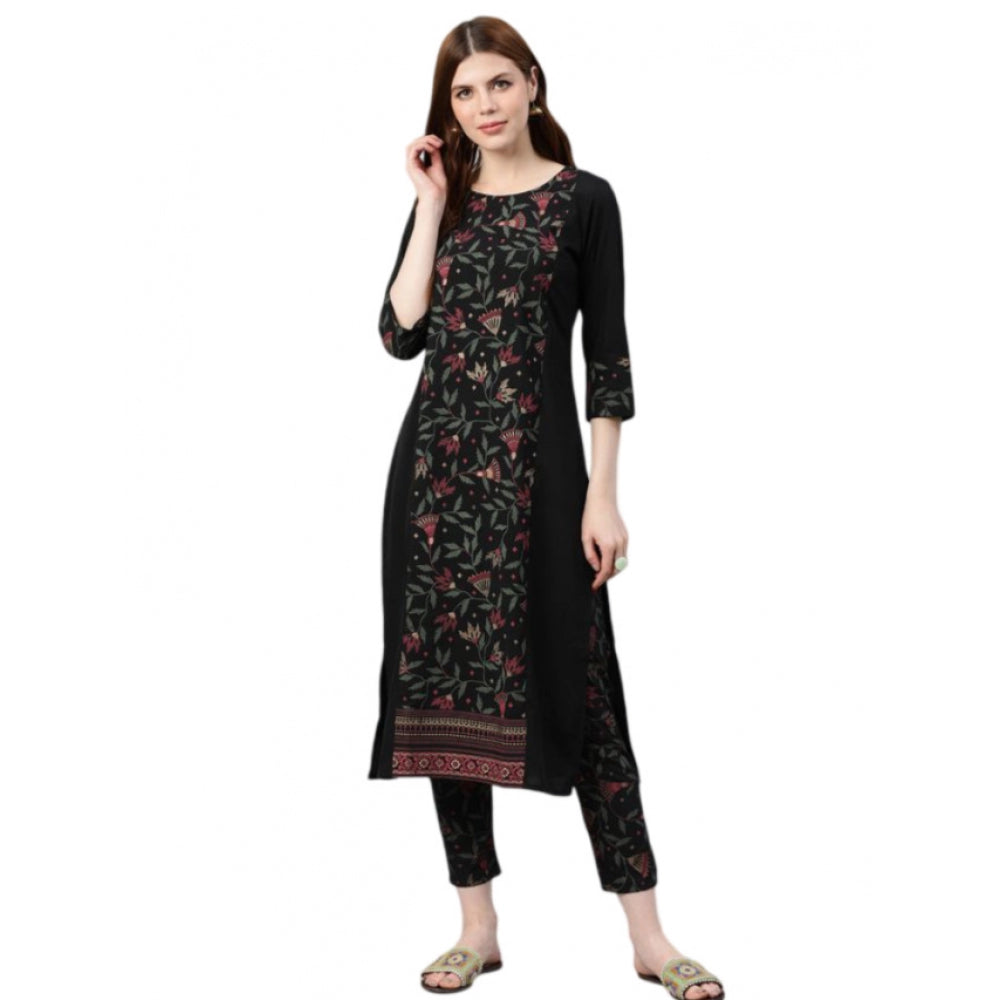 Generic Women's Casual 3-4Th Sleeve Floral Printed Crepe Kurti and Pant Set (Black)