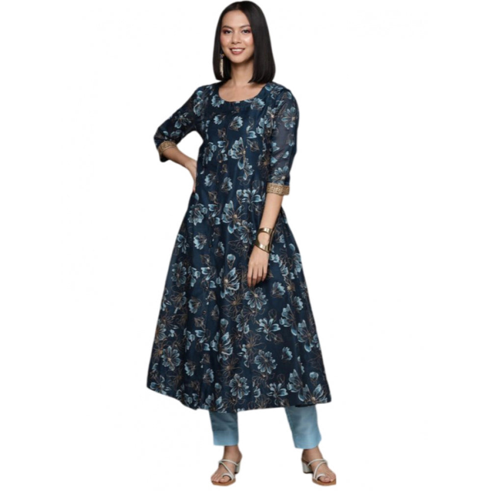 Generic Women's Casual 3-4Th Sleeve Floral Printed Chanderi Cotton Kurti And Pant Set (Navy Blue)