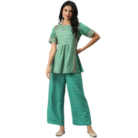 Generic Women's Casual Half Sleeve Geometric Rayon Kurti And Palazzo Set (Green)