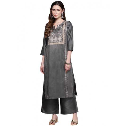 Generic Women's Casual 3-4Th Sleeve Ethnic Motifs Poly Silk Kurti And Palazzo Set (Dark Grey)