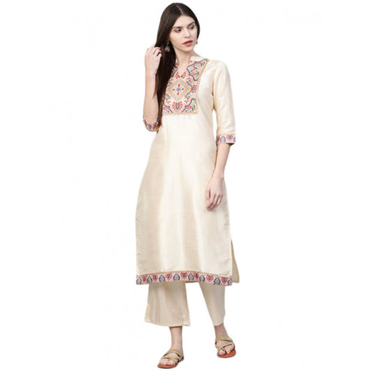 Generic Women's Casual 3-4Th Sleeve Ethnic Motifs Poly Silk Kurti and Palazzo Set (Cream)