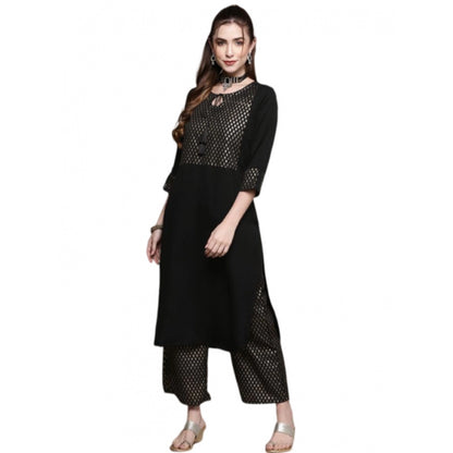 Generic Women's Casual Full Sleeve Ethnic Motifs Crepe Kurti and Palazzo Set (Black)