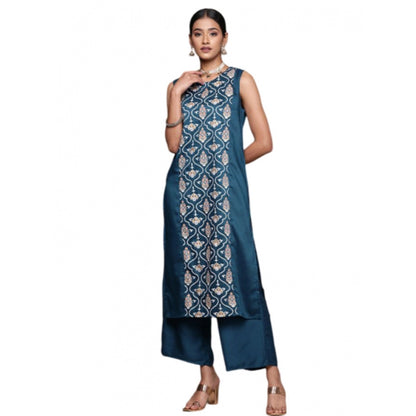 Generic Women's Casual Sleeveless Floral Printed Chinon Kurti and Palazzo Set (Teal Blue)