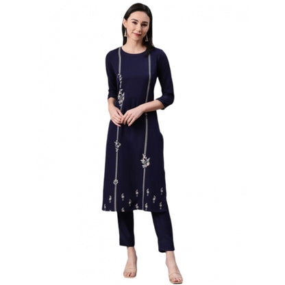 Generic Women's Casual 3-4Th Sleeve Floral Printed Rayon Kurti And Pant Set (Blue)