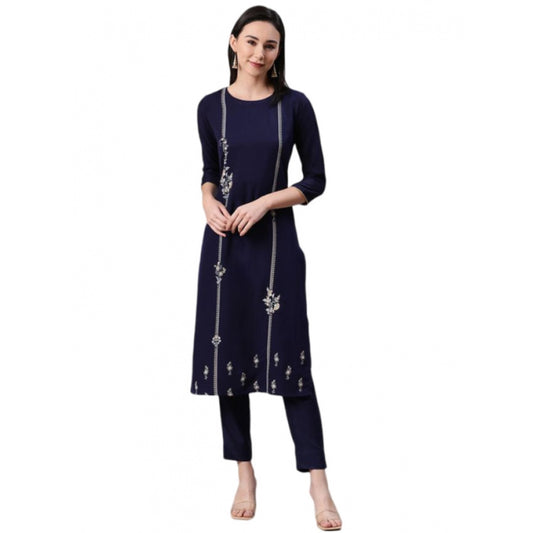 Generic Women's Casual 3-4Th Sleeve Floral Printed Rayon Kurti And Pant Set (Blue)