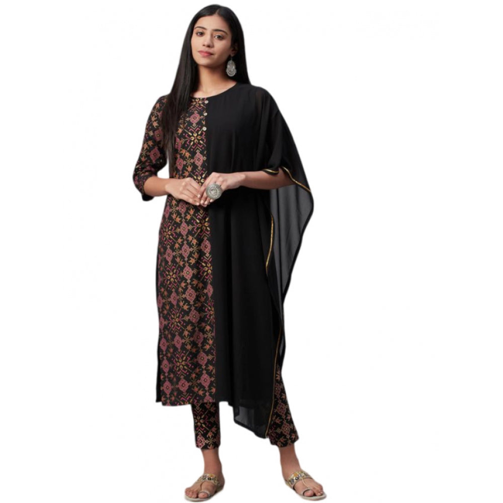 Generic Women's Casual Half Sleeve Ethnic Motifs Georgette &amp; Crepe Kurti and Pant Set (Black)