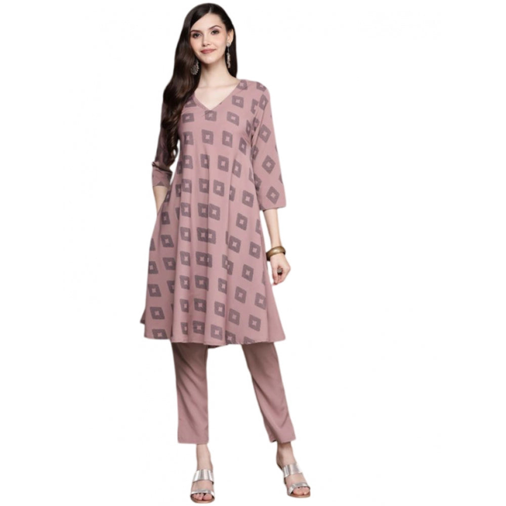 Generic Women's Casual 3-4Th Sleeve Ikkat Crepe Kurti And Pant Set (Brown)