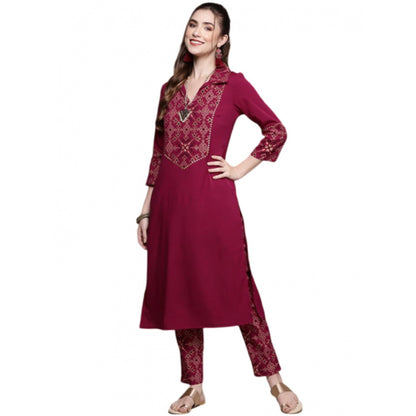 Generic Women's Casual 3-4Th Sleeve Geometric Crepe Kurti and Pant Set (Maroon)