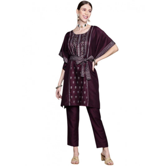 Generic Women's Casual 3-4Th Sleeve Floral Printed Chinon Kurti And Pant Set (Wine)