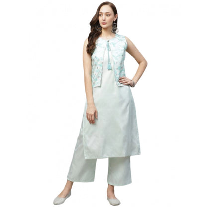 Generic Women's Casual Sleeveless Abstract Poly Silk Kurti and Palazzo Set (Mint Green)