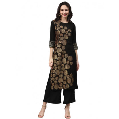 Generic Women's Casual 3-4Th Sleeve Floral Printed Crepe Kurti And Palazzo Set (Black)