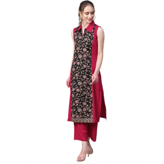 Generic Women's Casual Sleeveless Floral Printed Crepe Kurti and Palazzo Set (Pink)