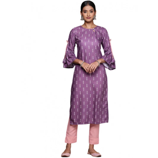 Generic Women's Casual 3-4Th Sleeve Ethnic Motifs Rayon Kurti And Pant Set (Lavender)