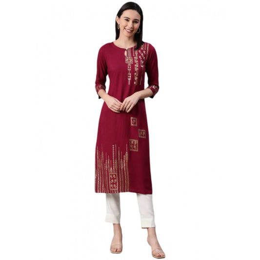 Generic Women's Casual 3-4Th Sleeve Floral Printed Rayon Kurti And Pant Set (Maroon)