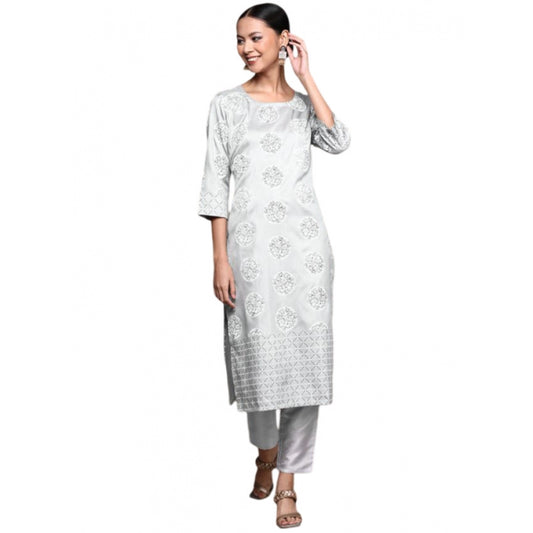 Generic Women's Casual 3-4Th Sleeve Floral Printed Poly Silk Kurti and Pant Set (Light Grey)