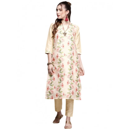 Generic Women's Casual 3-4Th Sleeve Floral Printed Poly Silk Kurti and Pant Set (Cream)