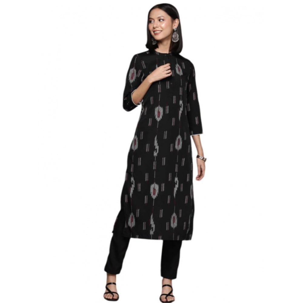 Generic Women's Casual 3-4Th Sleeve Ikkat Crepe Kurti And Pant Set (Black)