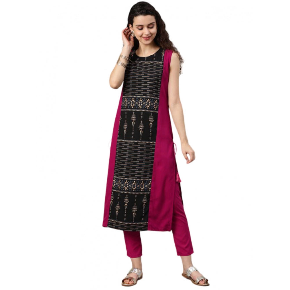 Generic Women's Casual sleeveless Tribal Crepe Kurti and Pant Set (Pink)